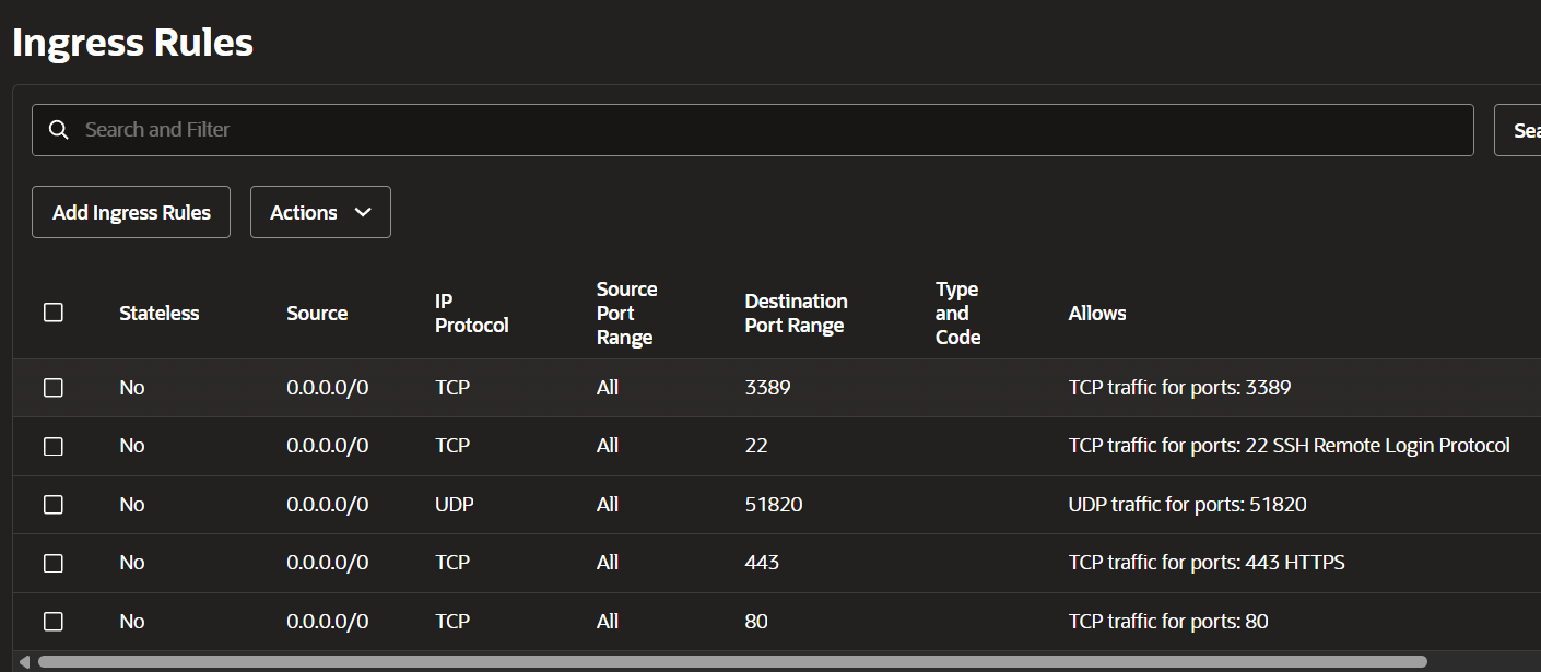Oracle security list showing all ingress rules including TCP 3389, UDP 51820, and TCP 80 and 443